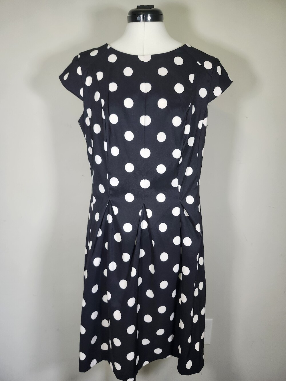 VTG AB Studio Black White Polka Dot Cap SL Pocket Pleated Front Mini Dress S 14